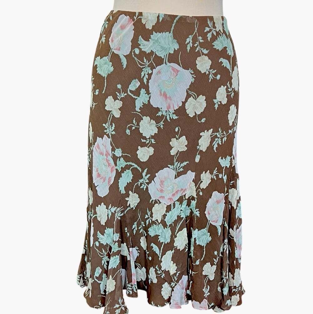 Lauren Ralph Lauren 100% Silk Midi Skirt Size 1X Pull On Stretch Brown Floral